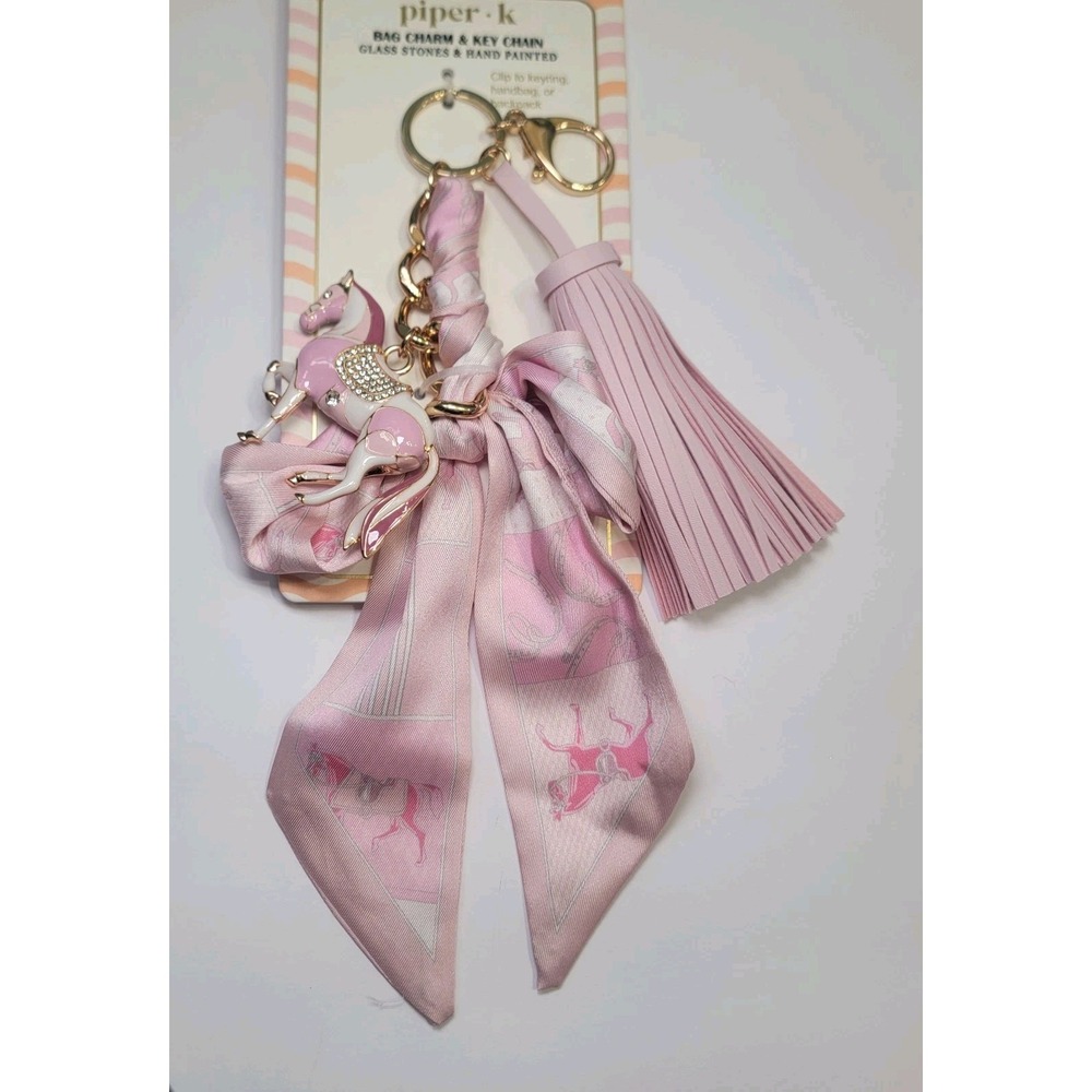Piper K PINK Horse & Ribbon Bow Equestrian Bag Charm Key Chain Old Money Luxury